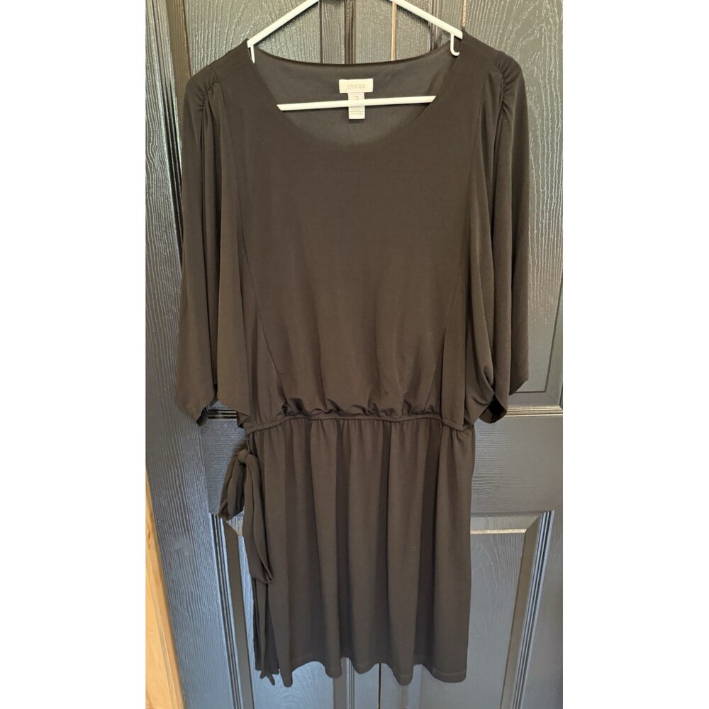 Chicos Blouson Dress Sz 2 US Large Dolman Batwing 3/4 Sleeve Elastic Waist Black